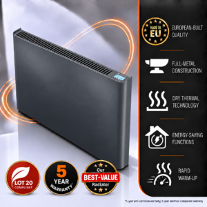 Ecopanel XT Electric Radiators in stunning anthracite grey finish. This image details the country of manufacture, the energy-saving functionality and the all-metal construction, making the Ecopanel XT a high-quality choice for homeowners.