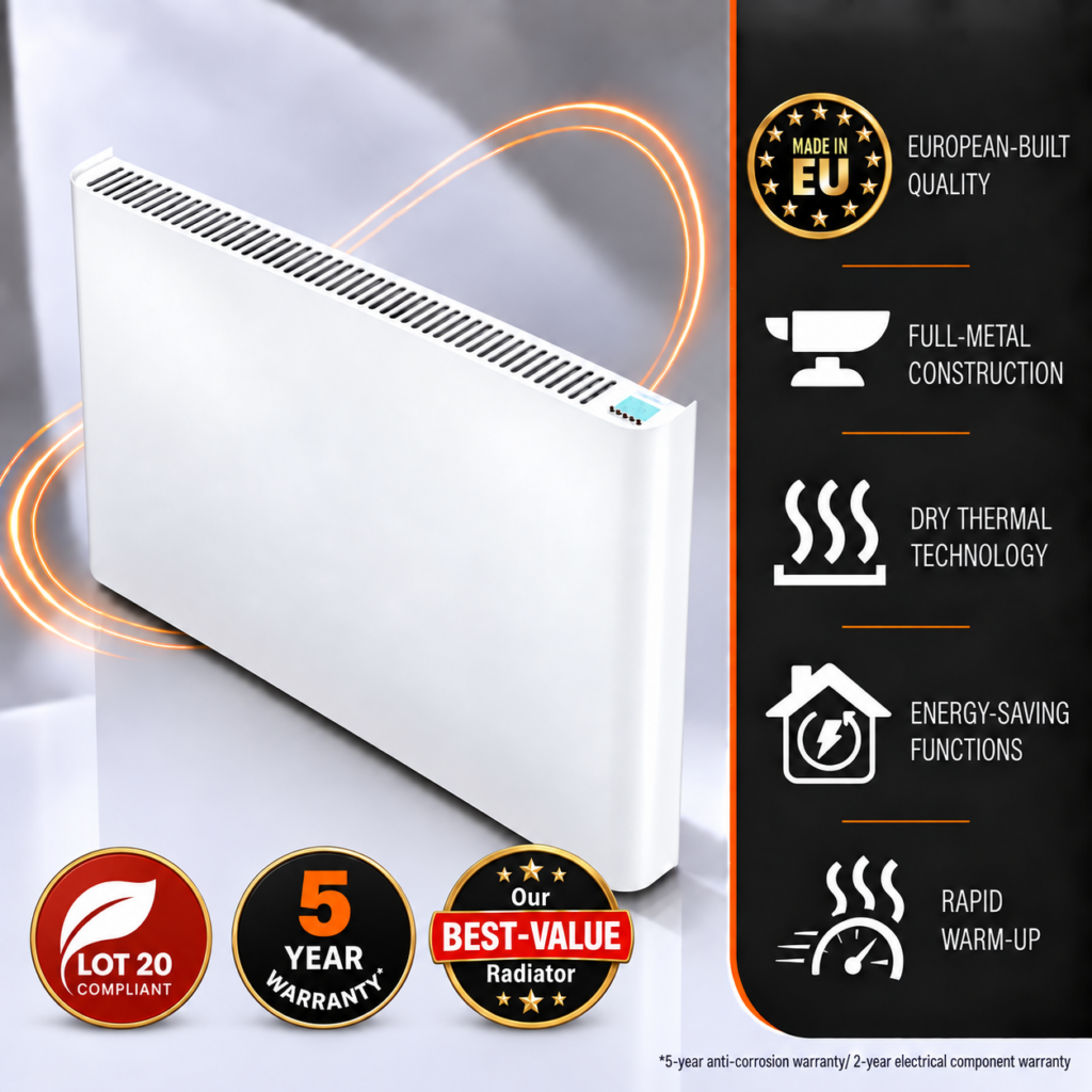 Main product image with inforgraphic detailing the 12000w Ecopanel XT Electric Radiator and its energy-saving features and functions.