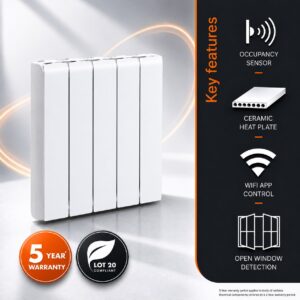 The Electrorad Accorto 1000w Electric Radiator with Occupancy Sensor and WiFi Control. This infographic details the 5-year warranty period which applies to the aluminium body of the radiator and the ceramic heat-retaining core. Also detailed here is the open window sensor which helps to prevent wasted energy bu shutting-down the radiator's output when a drop in room temperature is detected as a result of an open window. The graphic aims to educate on the benefits of the integral occupancy sensor too, which prevents the radiator from heating unoccupied rooms.