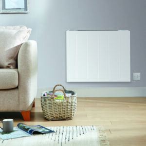 Main product image. The Electrorad Smart Panel Electric Heater in a living room with furniture and grey walls.