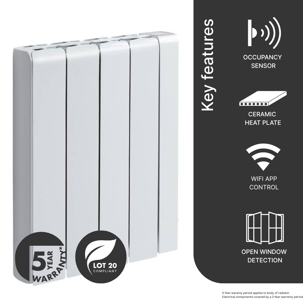 The 1000w Accorto electric radiator by Electrorad in white colour featuring occupancy sensor and ceramic heat-retaining core.