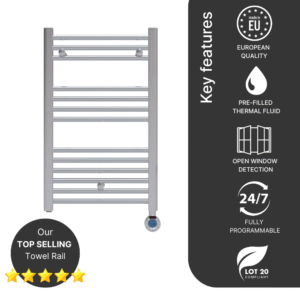 The 300w Modus Heated Towel Rail by Electric Heating Expert is elegant, effective and efficient. Controllable from the integrated programmer, there are several energy-saviing features built-in
