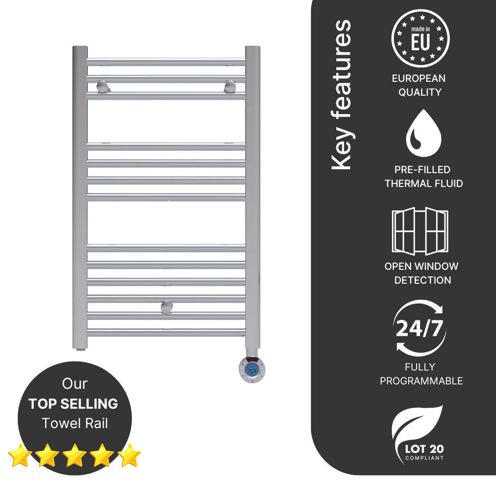 The 300w Modus Heated Towel Rail by Electric Heating Expert is elegant, effective and efficient. Controllable from the integrated programmer, there are several energy-saviing features built-in