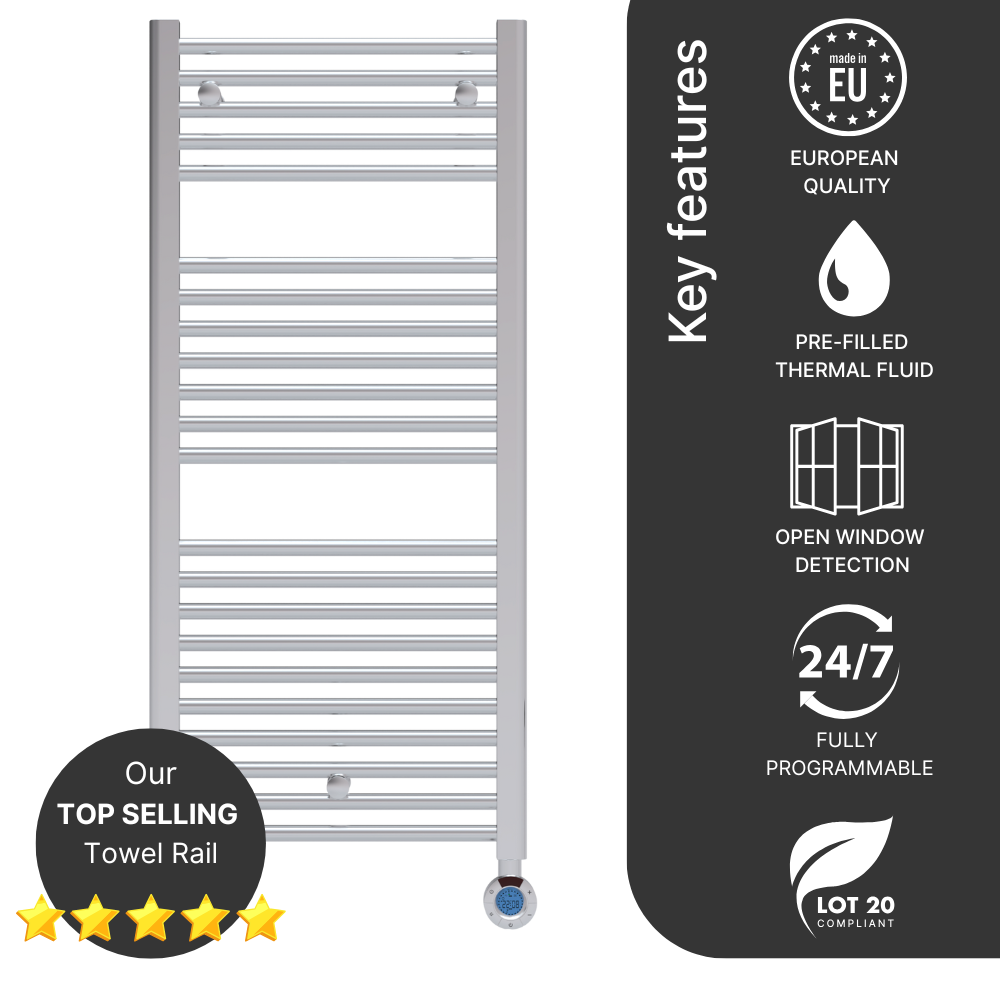 The 500w Modus Electric Heated Towel Rail from Electric Heating Expert provides an elegant heating solution for any bathroom, heating both towels and the room itself efficiently.
