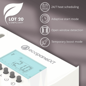 Image displaying the control interface of the Ecopanel XT electric radiator in white. Details include an adaptive start fucntion, easily-accessible controls, and a boost mode.