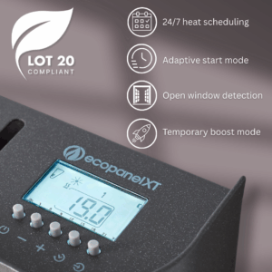 Image detailing the user interface and controls on the Ecopanel XT electric radiator in anthracite colour. Easily accessible with top-mounted controls featuring 24/7 programming, open window detection and a boost function.