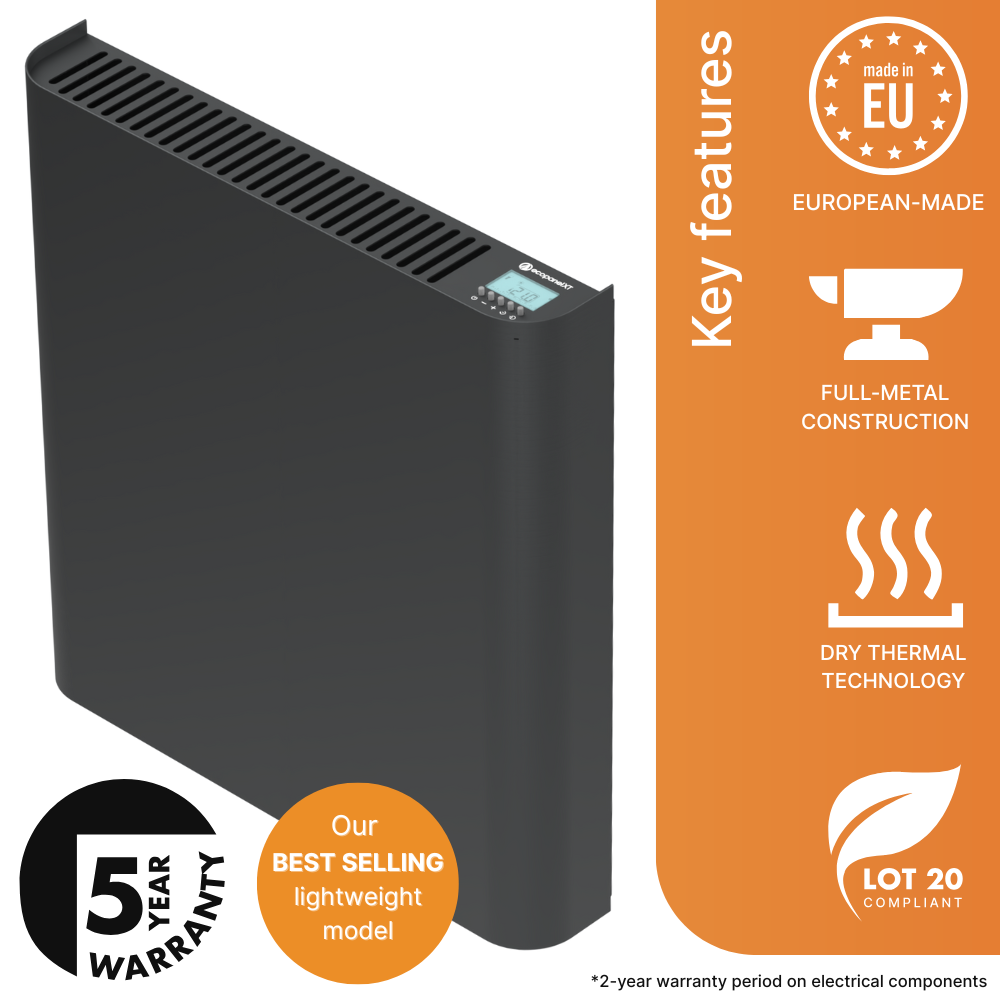 The 600w model anthracite Ecopanel XT electric radiator. Product picture with annotations.