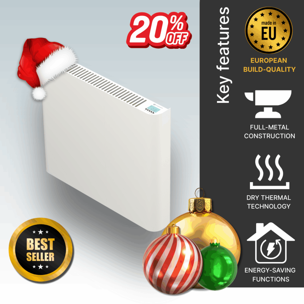 The 600w Ecopanel XT electric radiator in white. Main image detailing the European build-quality and energy-saving technology.