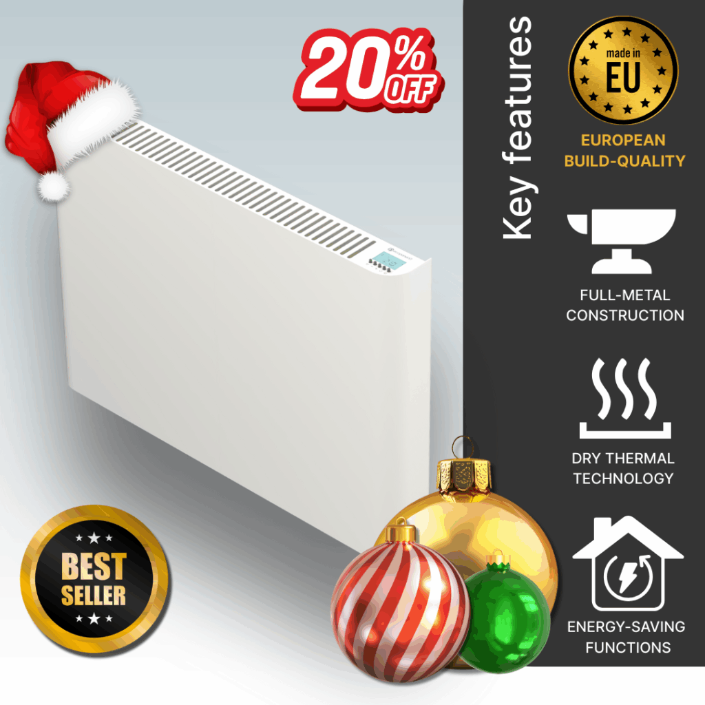 The 1200w Ecopanel XT electric radiator in white. Main image detailing the European build-quality and energy-saving technology.