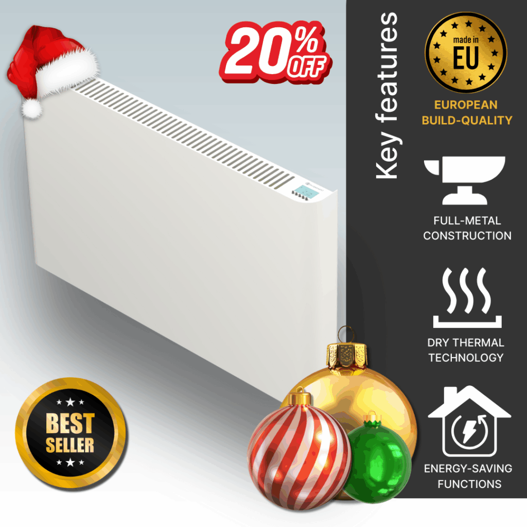 The 2000w Ecopanel XT electric radiator in white. Main image detailing the European build-quality and energy-saving technology.