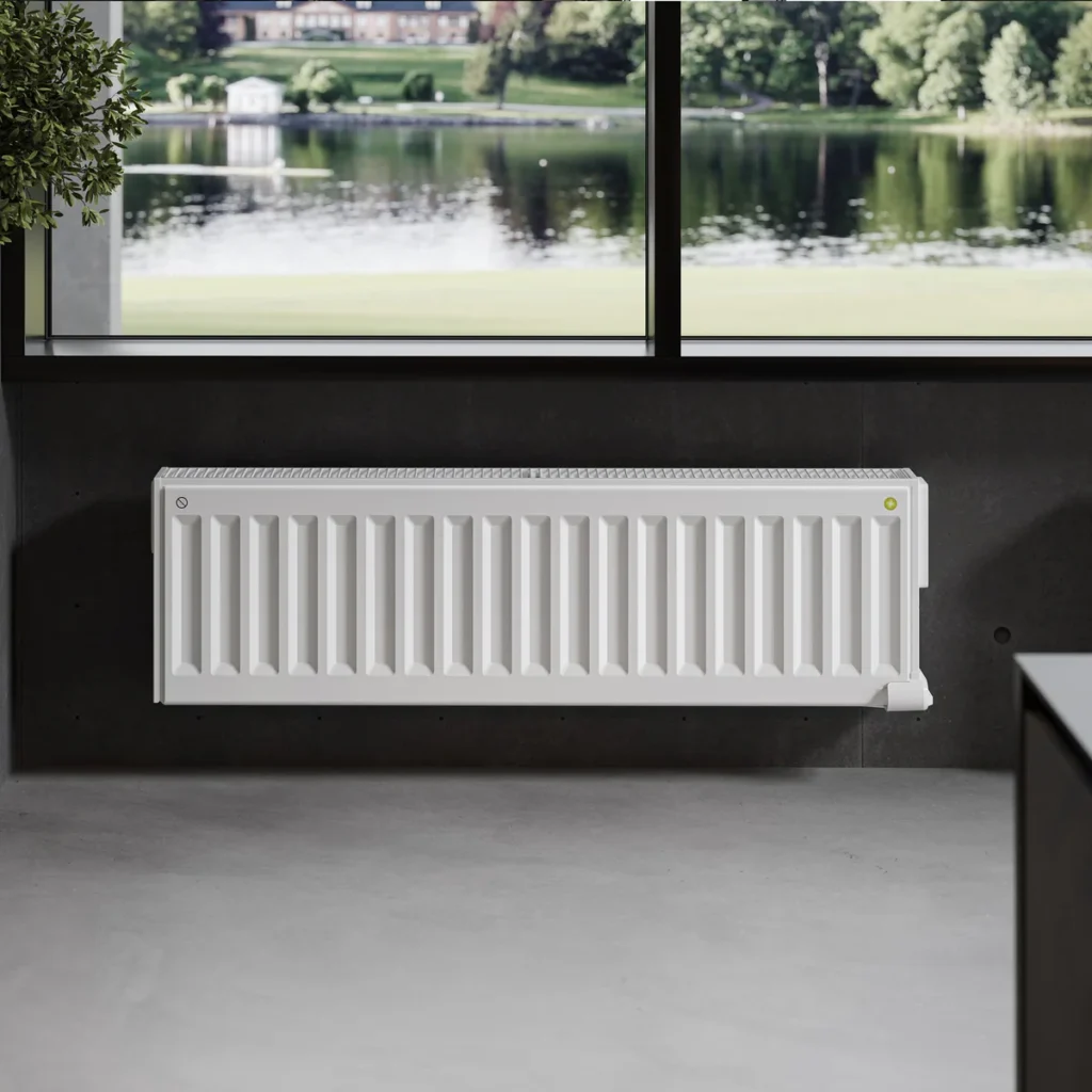 The main product image for Digi-Line conservatory radiators. The radiator is in a low-height format for placement below low window sills.