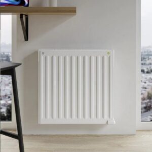 Product image of the Digi-Line Electric Radiator by Electrorad. This is the 1000w single-panel unit wall-mounted in a modern UK kitchen.