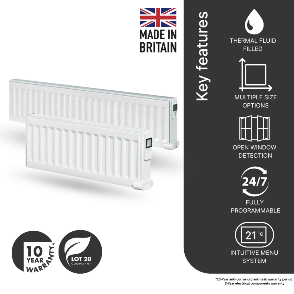Main image for Digi-Line low-height electric radiators in single-panel size. Ideal for locating below low window sills and in conservatories.
