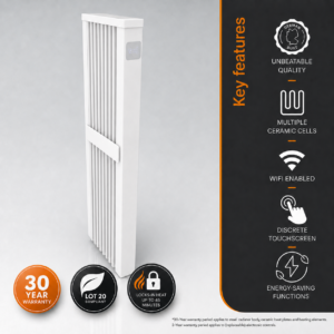 Main product image of the AF10 1600w Vertical Aeroflow Electric Radiator by Electrorad. This image illustrates the product and also the features and benefits, including heat retention, a 30-year warranty, and energy-saving functions.