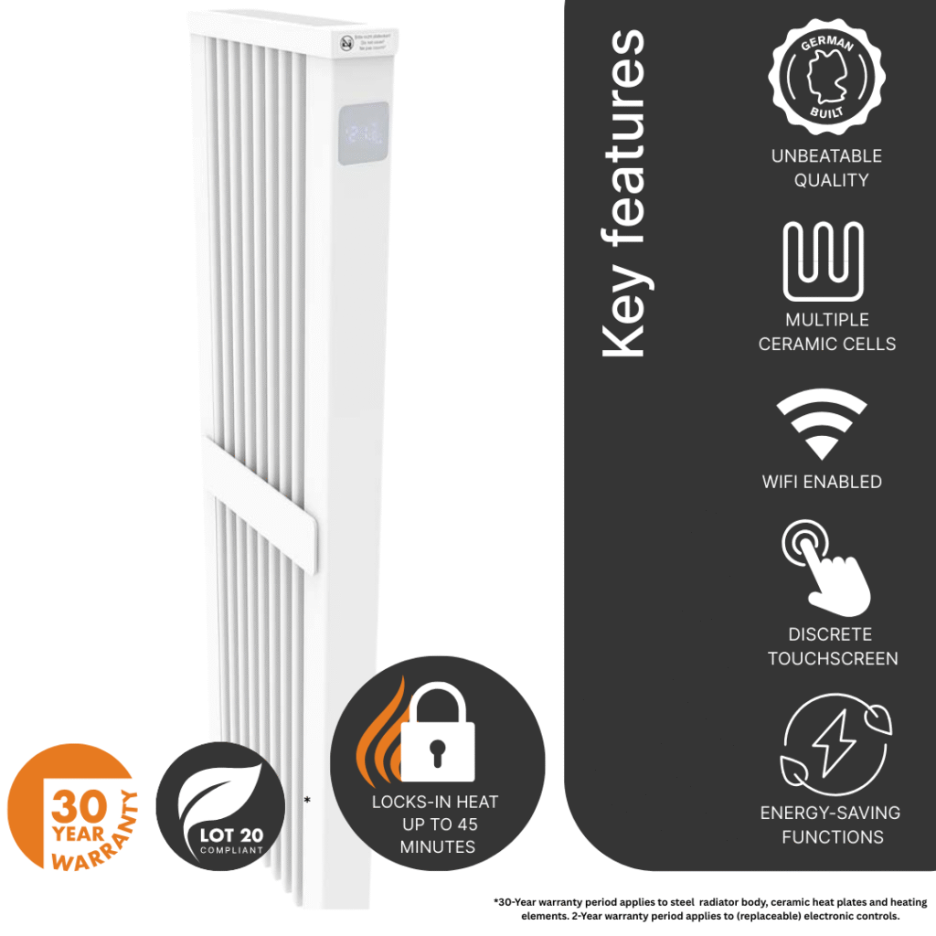 Product image for the 1600w vertical AF10E Aeroflow Electric Radiator made in Germany.