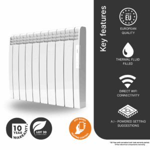 Maiin product image - Rointe Eoniq 1200w model in white featuring WiFi control and integrated user interface.