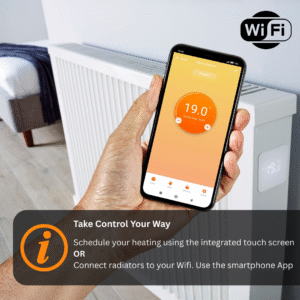 Image of the Aeroflow AF07E German electric radiator annotated with information about both WiFi-enabled app control and also integrated programming via the touch screen.
