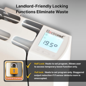 Electrorad Accorto Electric Radiator main product image detailing the landlord locking function. This is a particularly valuable feature for property managers, hotel owners, student accommodation managers and landlords who need to prevent energy waste. Preventing guests and tenants from leaving the heating turned on helps to save money and protect the environment.