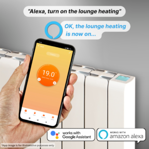 Gallery image of the Accorto Electric Radiator by Electrorad detailing the smart functionality. the Accorto Radiator can be voice controlled using Amazon Alexa or Google Assistant, making it a great choice for those who have limited mobility.