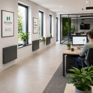 Ecopanel XT Eletric Radiators installed along an external wall in a large commercial office environment. The Ecopanel XT heats large spaces effectively and economically.