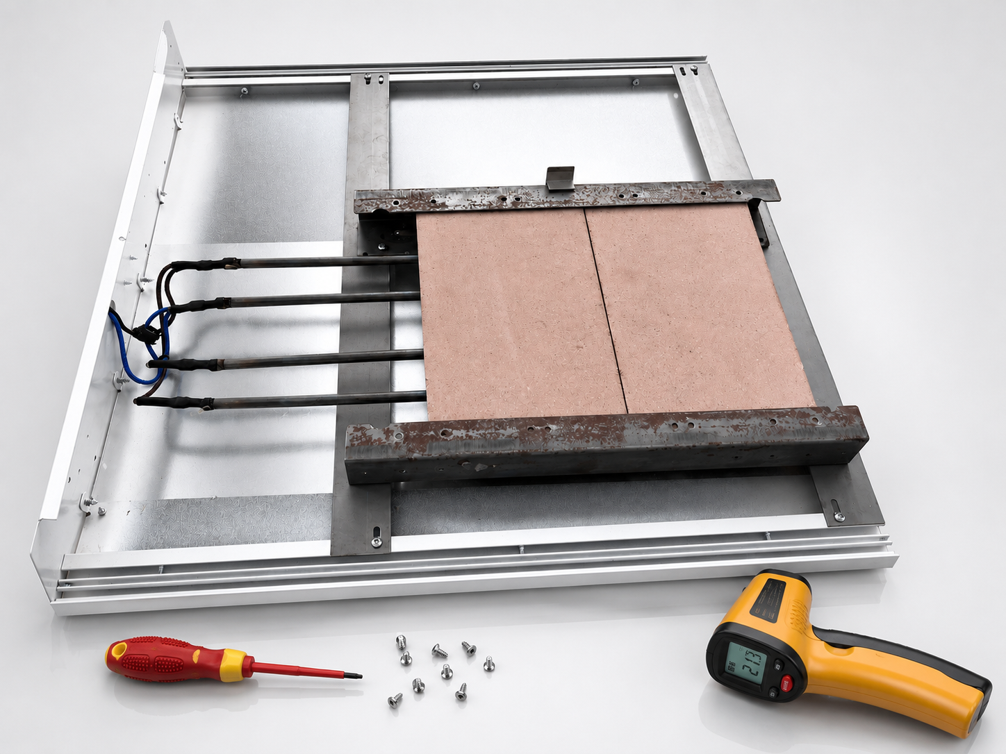 A popular ceramic electric radiator with WiFi control disassembled by Electric Heating Expert. This image illustrates exactly what can be found inside a ceramic electric radiator. We took one apart because many people don't know what is inside them and most of the time, electric heating retailers don;t want you to see.