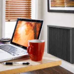 Image showing Aeroflow AF01E Radiator in Anthracite finish installed in a home office.