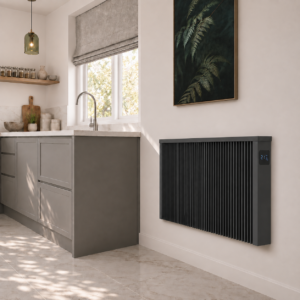 Anthracite Grey Aeroflow Electric Radiator image. This image shows the electric radiator from Electric Heating Expert installed in a kitchen.