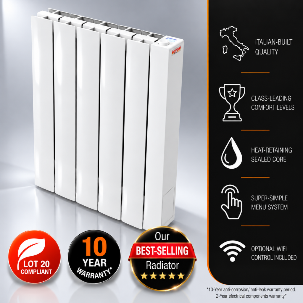 This image depcits the 1000w Vantage Connect Electric WiFi Radiator within an infographic. Information incuded is the 10-year warranty period, class-leading comfort levels on offer, WiFi control, and heat-retaining sealed fluid core.